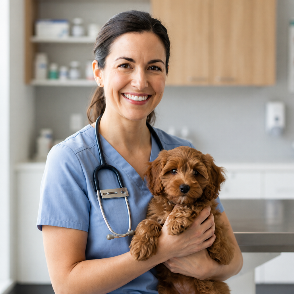 A smiling veterinarian holding a puppy in a bright clinic
