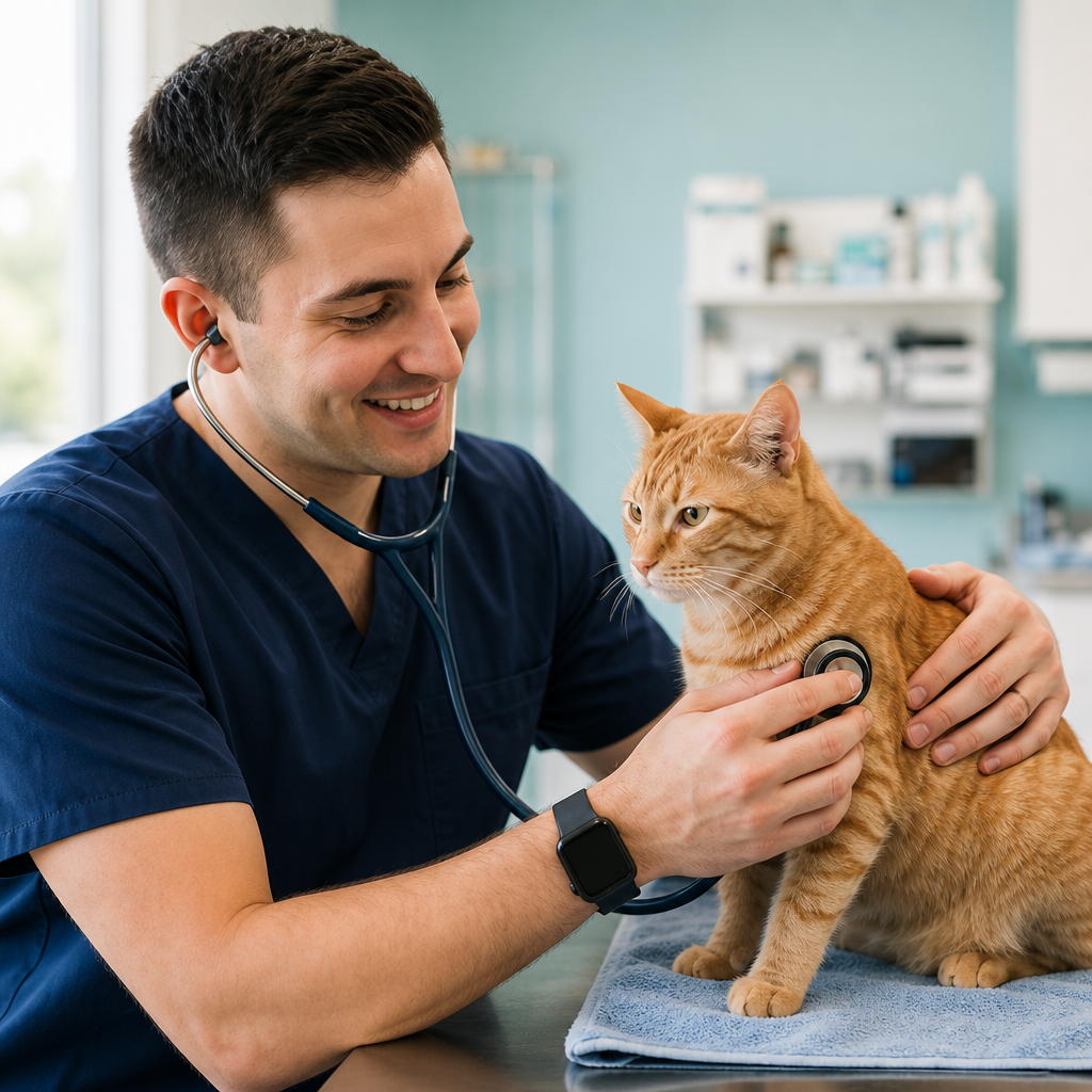 A veterinary technician examining a cat