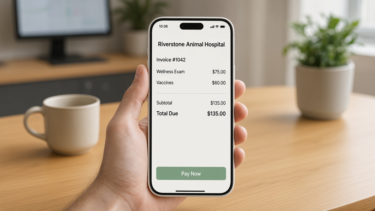 A smartphone showing a veterinary invoice ready for payment