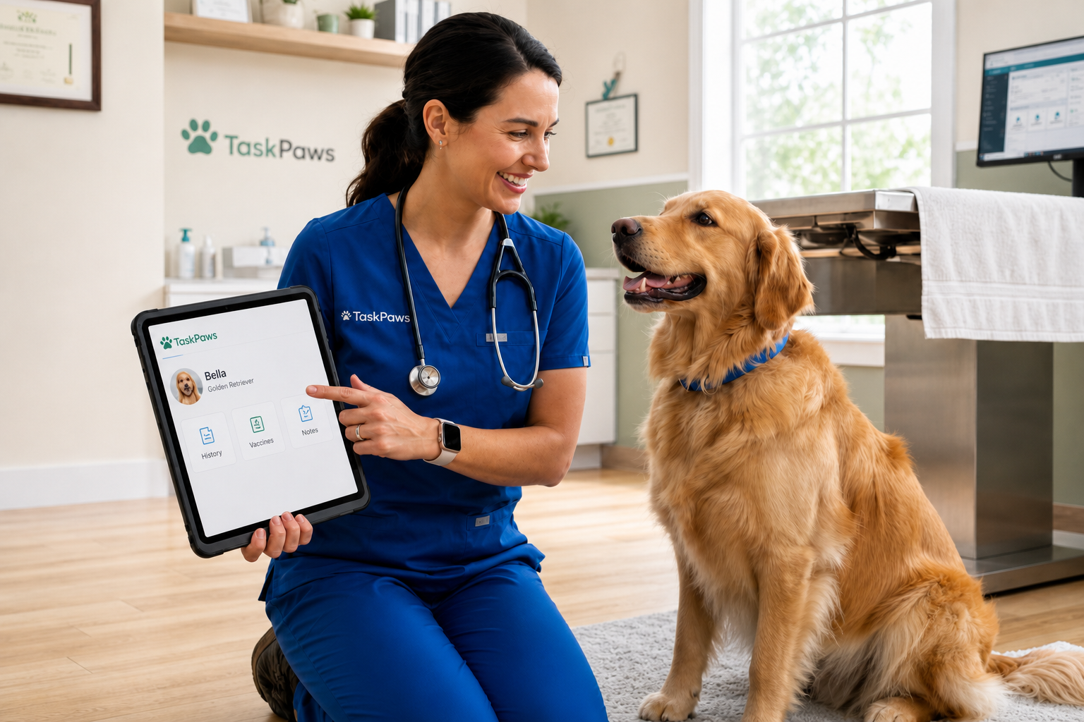 A veterinarian using a tablet beside a Golden Retriever