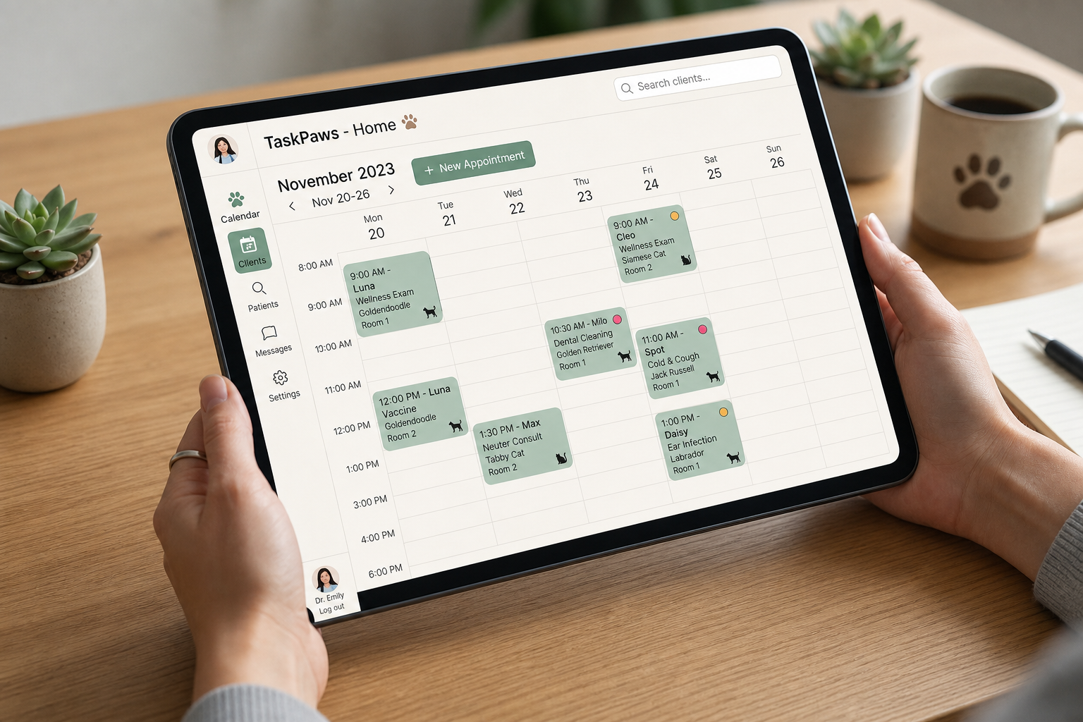 A veterinary scheduling calendar on a tablet