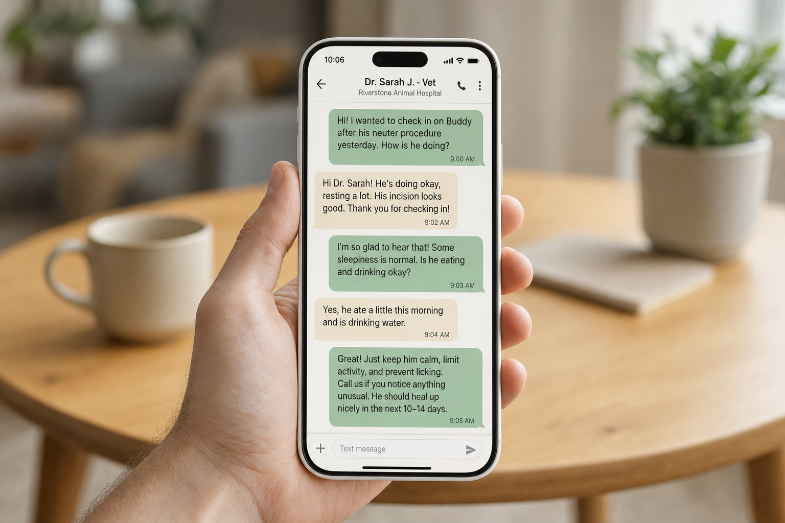 A smartphone showing a chat between a veterinarian and a pet owner